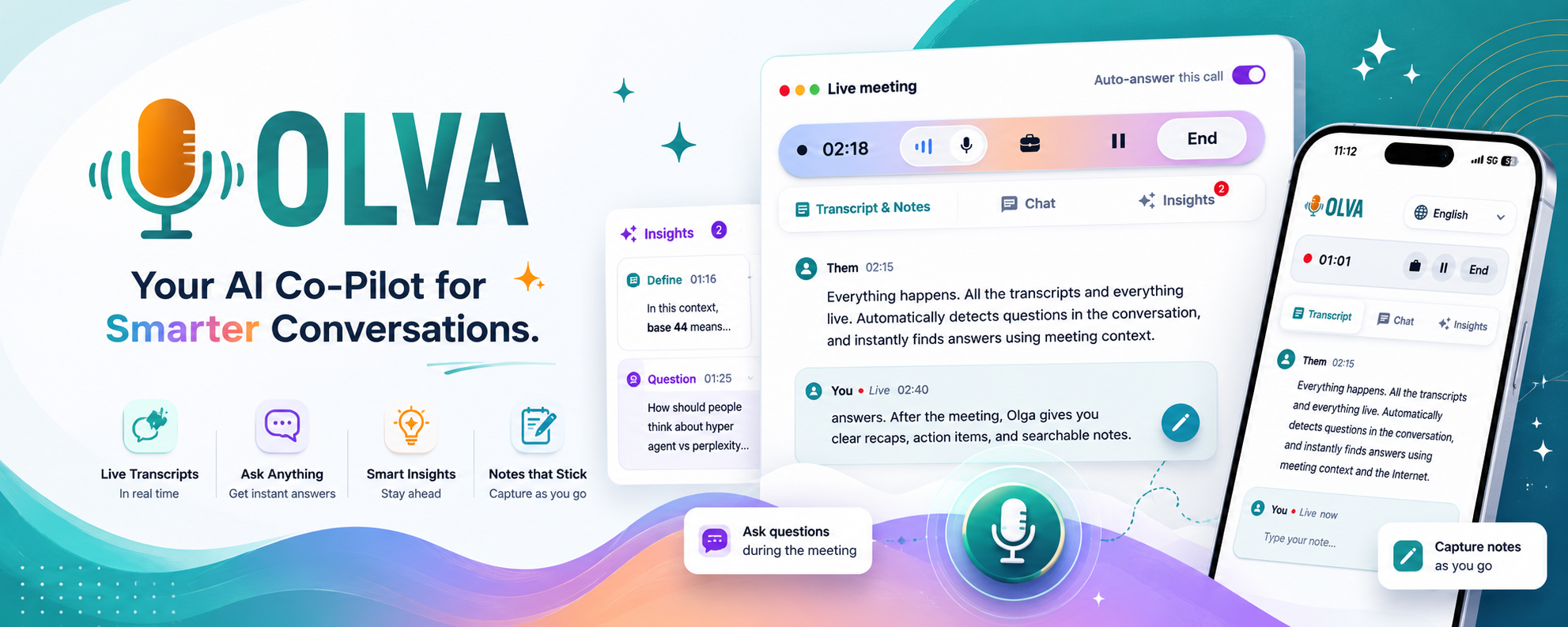 Olva AI co-pilot banner showing live transcripts, smart insights, notes, and desktop and mobile meeting interfaces