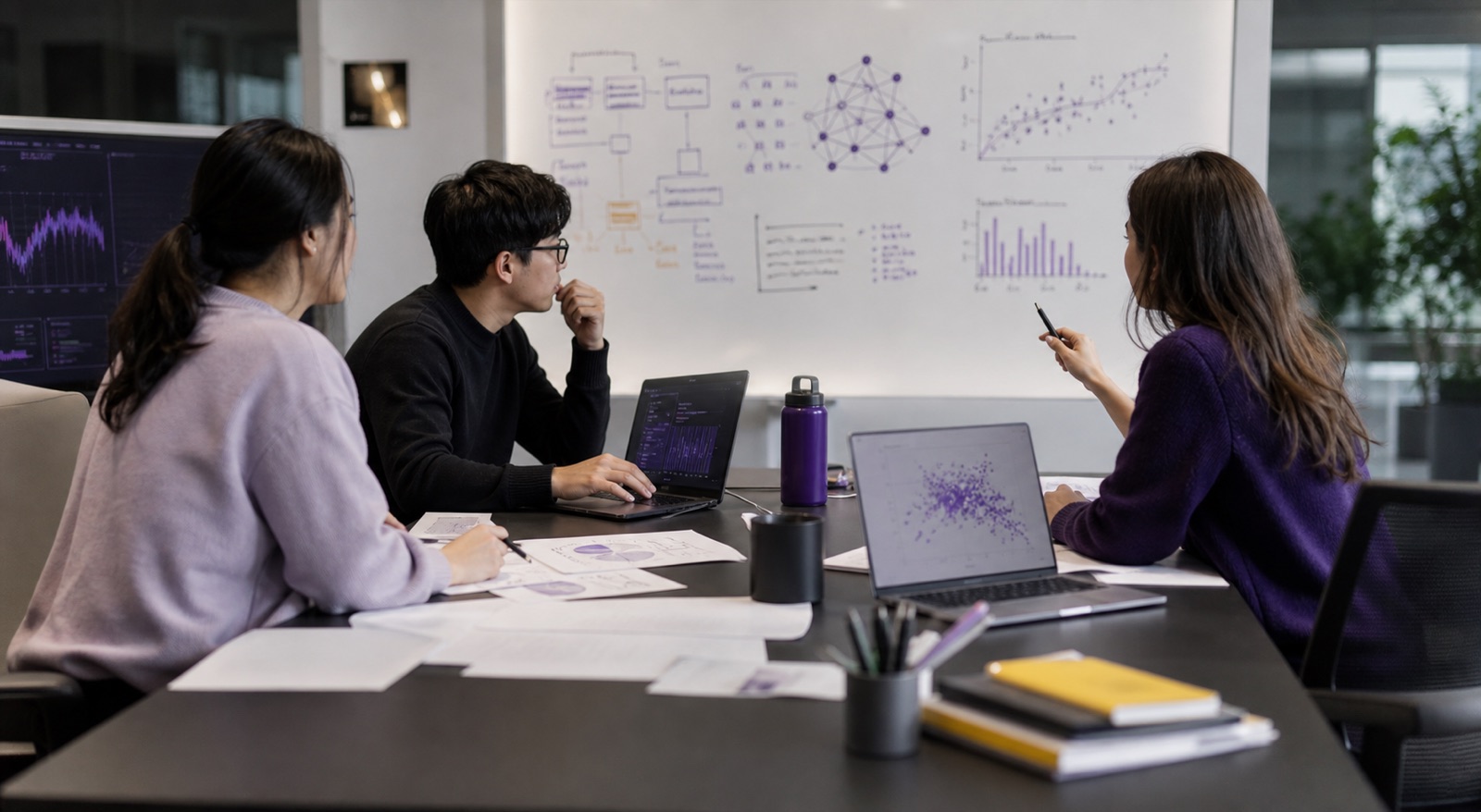 Applied machine learning team reviewing model diagrams and prediction charts
